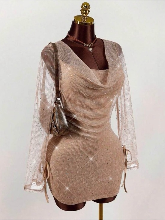 SHEIN Dresses & Skirts - SHEIN Nude Sparkle Cowl Neck Mini Dress with Sheer Sleeves